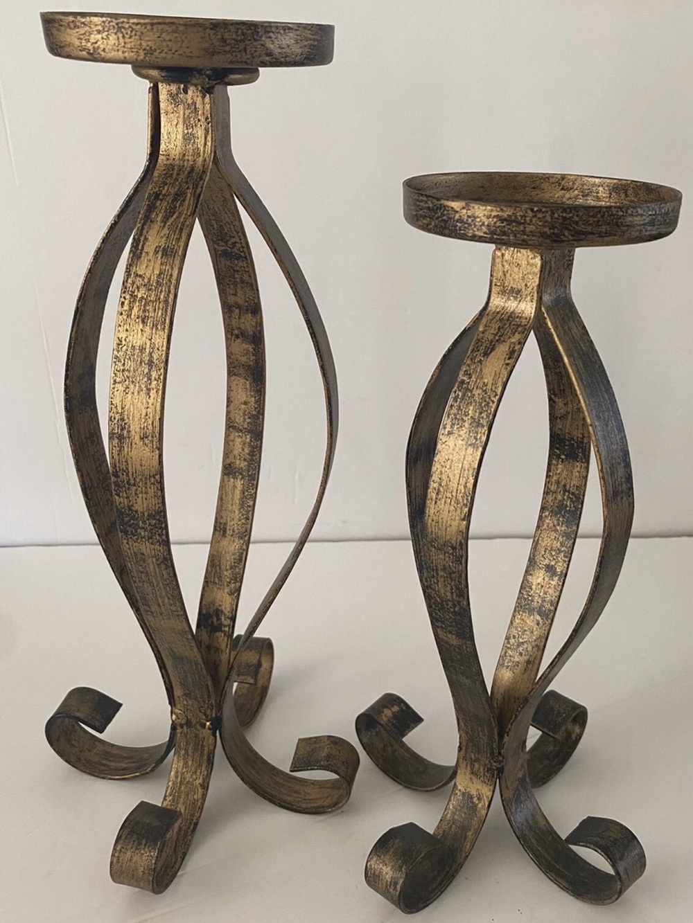 Antique-Style Brass Curled Pillar Candle Holders Set of 2